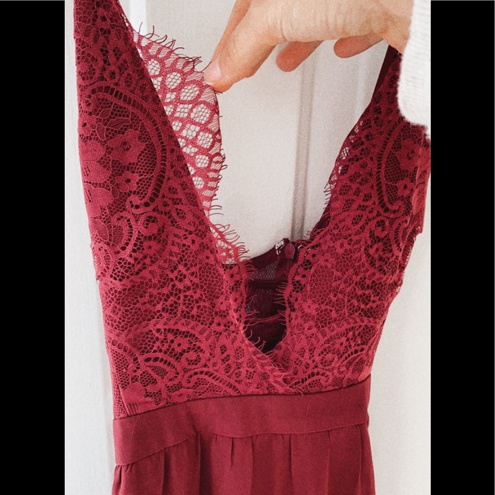 TOBI floor length burgundy low V lace front dress